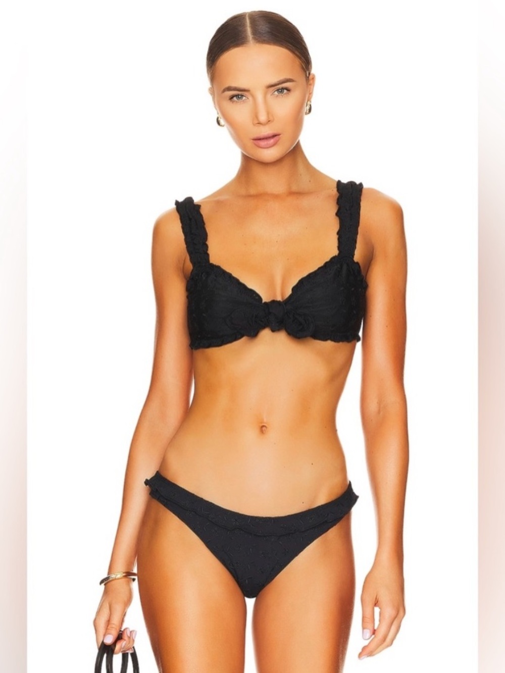 FRANKIES BIKINIS Colby Tie Front Ruffle Black Swim Bikini
